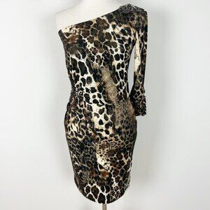Vintage Y2K Cache One Shoulder Dress Animal Print Beaded Boho Size Small Women's